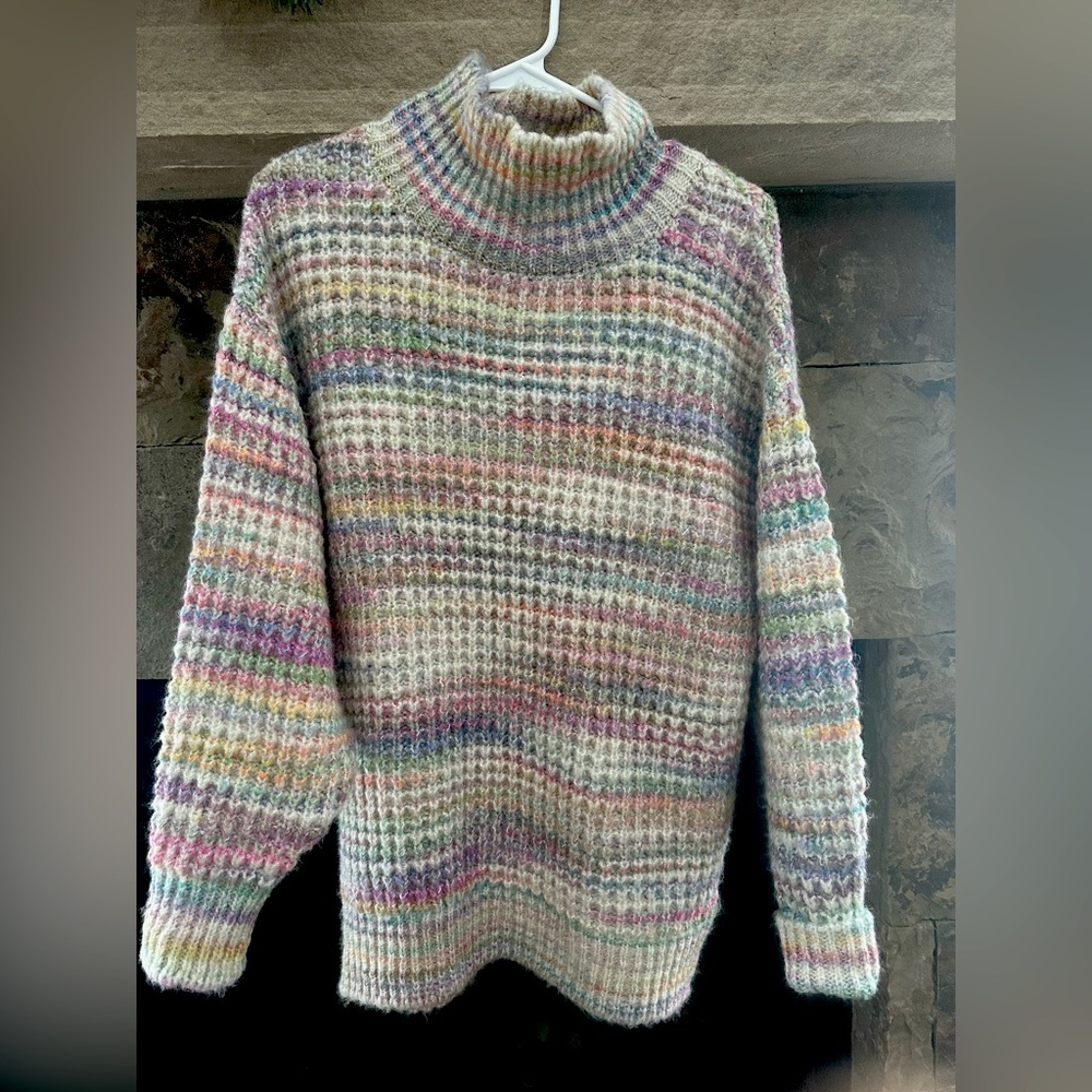 women’s sweater. long, cozy and mock neck